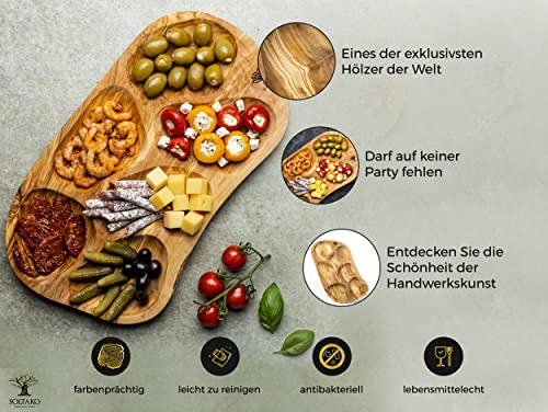 SOLTAKO La Rustica - Große rustikale Snackschale aus Olivenholz Dipschale Tapasteller Schale Holz Olivenholz Holzschale Salatschüssel Brotschale für Tapas