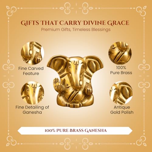 Image of Ekhasa 100% Pure Brass Ganesha Idol (Size: 4 cm) | Pital Ganesh Murti for Pooja Room, Home Decor, Office Desk and Car Dashboard | Vinayagar Statue for Diwali Puja