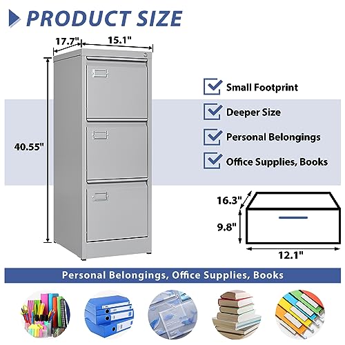Anxxsu 3 Drawer File Cabinet, Filing Cabinets for Home Office, Metal Vertical File Storage Cabinet with Lock, Locking File Cabinet for A4 Legal/Letter, 15.1" W x 17.7" D x 40.5" H, Assembly Required
