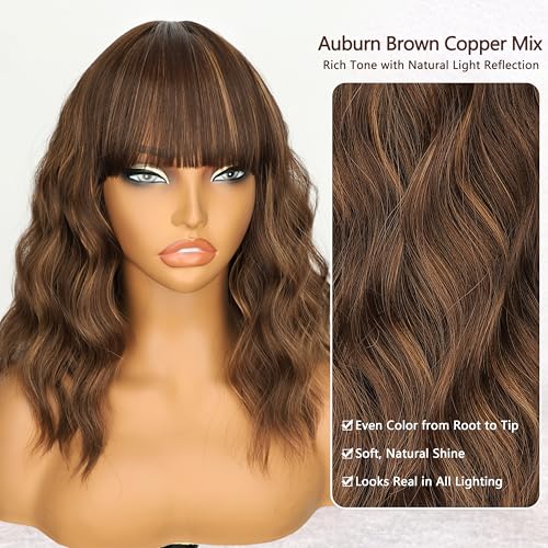 Image of Nnzes Short Wavy Bob Wig with Bangs for Women Shoulder Length Curly Soft Auburn Brown Copper Mix Synthetic Heat-Resistant Fiber Hair for Daily & Party Use