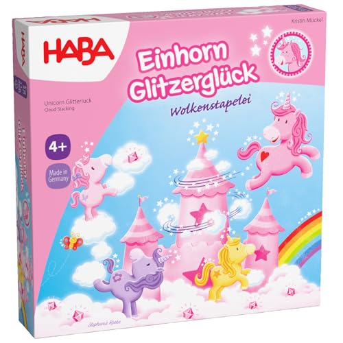 HABA Einhorn Glitzerglück: Wolkenstapelei – Stapelspiel für Kinder mit Einhörnern, Holz-Wolken & 10 glitzernden Wolkenkristallen, ab 4 Jahren – 2012232001