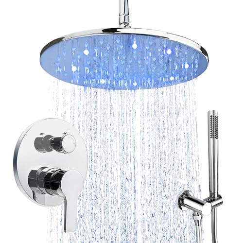 SKOWLL Ceiling Mount Rainfall Shower System, 12 Inch LED Chrome