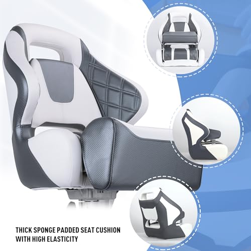 NESHULT Premium Pontoon Captain Bucket Seat Sports Flip Up Bolster Boat Seat with Seat Cover,White/Charcoal