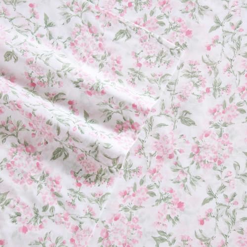 Image of Laura Ashley - Full Sheet Set, Crisp & Cool Cotton Percale Bedding for Year Round Comfort, Deep Pocket, Bed Sheets with Matching Pillowcases (Blossom Bliss Pink)