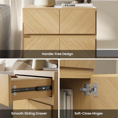 Image of ModernMate 23.5 inch Tall Modern Nightstand, Wood Bedside Table with Drawer, USB-C Port, Wooden Night Stand End Table for Bedroom, Sofa, Chevron Pattern Design, Stable Legs, Natural Oak