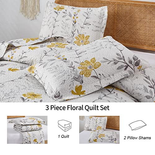 Quilt Set Twin Floral Bedspread Coverlet Twin Floral Quilts Bedding Spring Summer Lightweight Quilts Bedspread Reversible Bedding Grey Leaf Yellow Floral Quilt Collection Bedspread With Pillow Shams #TOP7