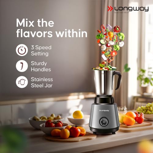 Image of Longway Super Pro Mixer Grinder with Kwid 1100W Dry Iron | 500 W Powerful Motor | 3 Jars for Grinding, Mixing, Juicing | 2 Years Warranty (Silver & Black, Combo Offer)