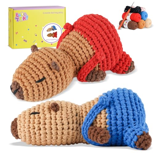 LUDOTEK Crochet Kit for Beginners, Crochet Animal Kits,Crocheting Kit for Starters with Step-by-Step Video Tutorials, Beginner Crochet Kits for Adults(2 Pack Capybara)