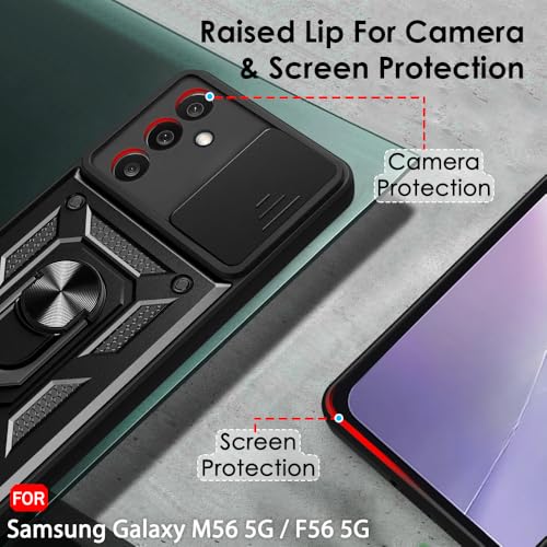 Image of TheGiftKart Tough Armor Bumper Back Cover Case for Samsung Galaxy M56 5G / F56 5G | Kickstand & Ring Holder | 360 Degree Protection Cover for Samsung M56 / F56 (PC & TPU, Sliding Camera Cover, Black)