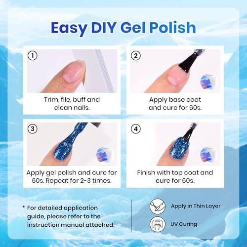 Image of Beetles Blue Gel Nail Polish Set, 6 Colors Glacier Diamond Glitter Deep Blue Shimmer Gel Polish, Sparkling Summer UV Soak Off Nail for DIY Nail Art Salon Home Gift for Women