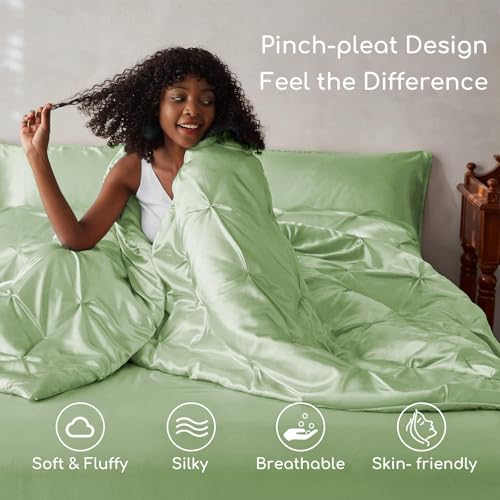 MR&HM Satin Comforter King 7 Pieces - Luxurious Pinch Pleat Bedding Set with Comforter, Flat Sheet, Fitted Sheet, Pillowcases & Shams, Super Silky Soft Bed Set for All Season (King, Light Sage)