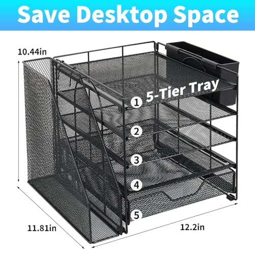 Desk Organizer, 5-Tier Paper Letter Tray Organizer with File Holder, Drawer and Pen Holder, Desktop Organizer for Office Supplies, Black - Image 3