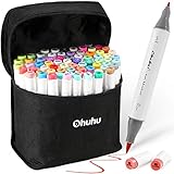 Ohuhu Alcohol Brush Markers, Double Tipped Sketch Markers for Kids, Artist Art Markers, Adults Coloring and Illustration, 72 Unique Colors + 1 Alcohol Marker Blender + Marker Case, Fine & Brush Tip