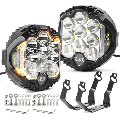 LIGBT 2PCS 7 Inch Round LED Offroad Light with DRL 90W LED Off Road Lights Super Bright Driving Spot Light Bar with Amber DRL Side Shooter Lights Waterproof 12V 24V for Pickup Trucks SUV UTV