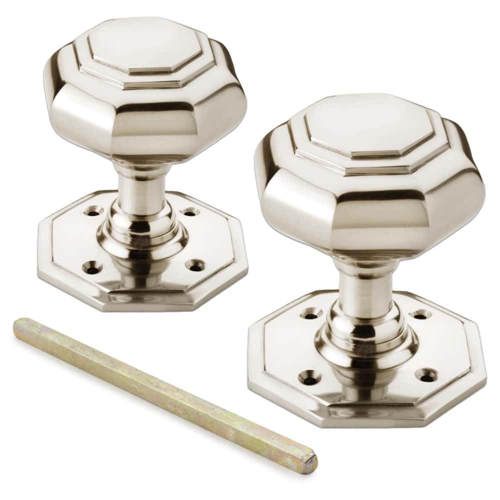 Ab Hardware Polished Nickel Large Octagonal Door Knobs Pair – Solid Brass Mortice Door Knobs With Backplates, 70Mm Heavy Duty Unsprung Door Knob Set