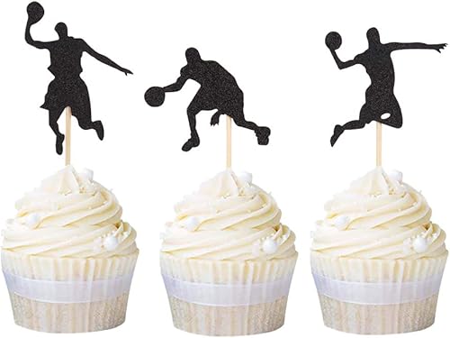 Ercadio Paquete de 24 adornos para cupcakes de baloncesto con purpurina negra para jugador de baloncesto con purpurina para decoración de cupcakes