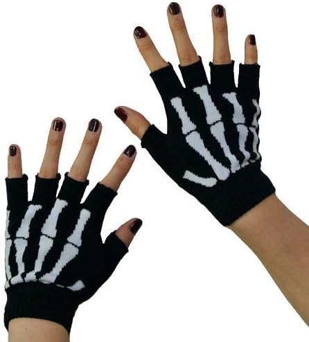 New Black Punk Gothic Dark Rock White Skeleton Hand Warmer Half Finger Gloves by Chunkaew