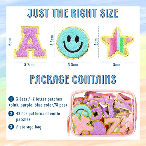 120 Pieces Chenille Letter Patches Iron On Patches Varsity Embroidered Patches Include 78 Pcs Sew Iron On Letter Patches 42 Pcs Star Heart Flower Patches For Jackets Clothing (Pink, Purple, Blue) #TOP1