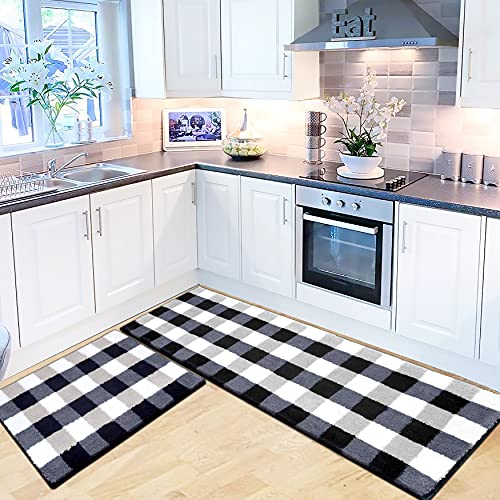 Earthall Buffalo Plaid Bathroom Rug Set 2 Pieces 20”X30”+20”X60”, Non Skid Washable Microfiber, Soft Absorbent Kitchen Rugs And Mats Set For Floor, Kitchen, Hallway, Bathroom, Laundry, Office #TOP5
