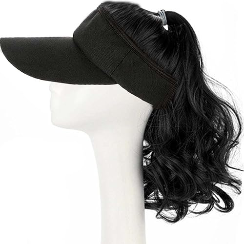 YEKEYI Sombrero de peluca para exteriores con cabello para cola de caballo, gorra de béisbol con cabello marrón y negro ondulado para mujer, Negro