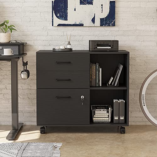Fezibo 3-Drawer Mobile File Cabinet, Lateral Filing Cabinet With Lock, Printer Stand With Open Storage Shelves For Home Office, Black #TOP6