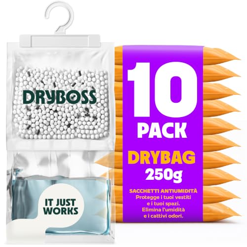 Sacchetti Antiumidità Armadio XL - DRYBOSS - Deumidificatore armadio che assorbe umidità e condensa su parete, stanza, cassetti e vestiti, aiuta contro muffa e odori - Pack 10 (2,5 kg)