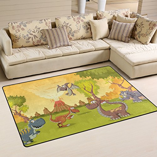 Welllee Area Rug,Forest Volcano Funny Cartoon Dinosaurs Prehistoric Floor Rug Non-Slip Doormat For Living Dining Dorm Room Bedroom Decor 60X39 Inch #TOP11