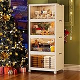 TURRIDU 4-Pack Stackable Storage Bins with 1 Lid & Wheels, 120Gal 4-Tier Closet Organizers Drawers with Front Dual Open Doors, Collapsible...