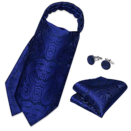 Image of DiBanGu 3PCS Ascot Ties for Men Wedding Jacquard Woven Silk Ascot Cravat for Men Cravat Tie and Pocket Square Set