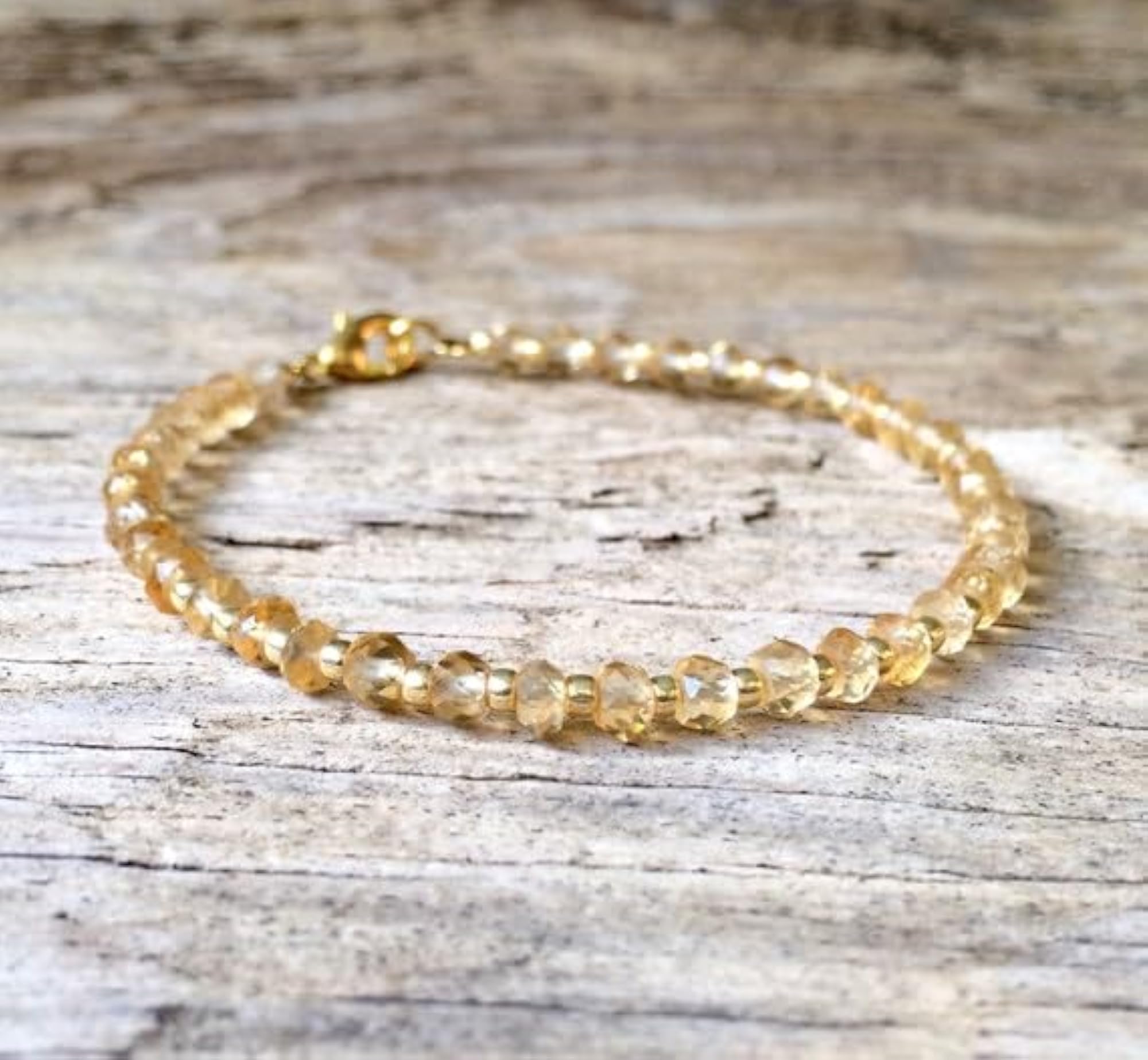 Citrine Rondelle Beaded Bracelet with Gold Lock, Adjustable 7 Inch