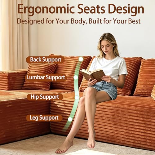 Image of 93 inch U-Shaped Boneless Couch, Corduroy Cloud Couch Sectional with Chaise and Ottoman, Deep Seat Modular Sectional Sofas for Living Room, No Assembly - Orange (Left Facing Chaise)