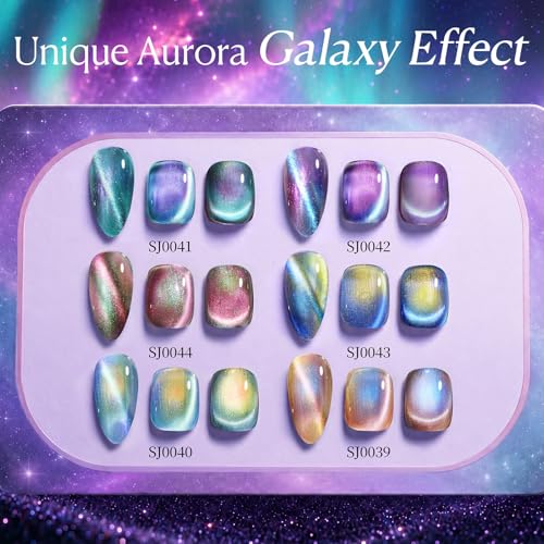 Image of AZUREBEAUTY 15ml HEMA Free Purera Cat Eye Gel Nail Polish Set with Magnet, 6 Colors Aurora Galaxy Shimmer Glitter Holographic Soak Off UV LED Nail Art for DIY at Home Manicure Salon Gift