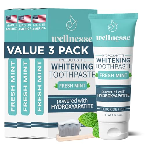 Wellnesse Hydroxyapatite Toothpaste Fluoride Free Whitening Toothpaste Remineralizing Enamel Care Xylitol Formula for Sensitive Teeth and Daily Oral Care Fresh Mint 4 Oz Pack 3