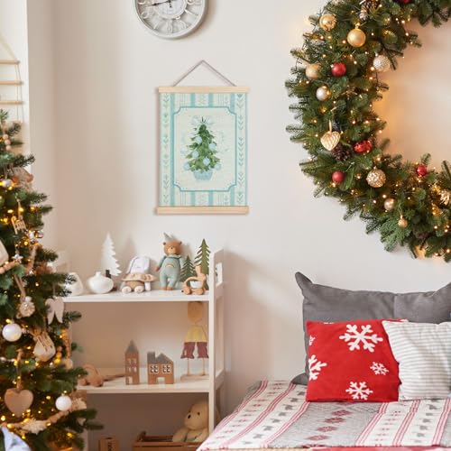 UNCDLV ブルークリスマスウォールデコ、ヴィンテージクリスマスツリーウォールアート、木製ポスターハンガー付き、クリスマスウォールデコレーション、レトロピンクストライプボウウォールデコ、ベッドルーム、ホームオフィス用、12x16インチ [5]
