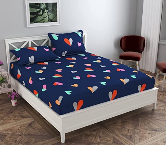 Image of DECORUM 3 D Polycotton Queen Size Bedsheet 90 X 90 Inch with 2 Pillow Cover (Blue Heart)
