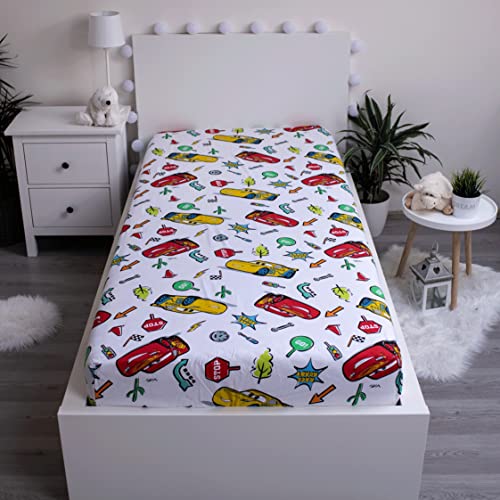 Jerry Fabrics F - Drap Housse - Cars - Blanc - 1 Piece - Enfant - 1 Personne - Coins Elastiques - 90 x 200 cm - 100% Coton Cover