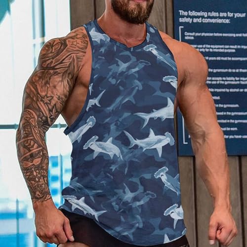 Tank Tops Men, Blue Camo Hammerhead Shark Print Workout Running Gym Muscle Sleeveless Shirts for Men2