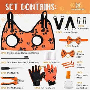Pet Grooming Hammock for Nail Trimming - Complete Groomers Helper Set for Pet - Dog Grooming Hammock with Hook - Cat Nail Clipper - Dog Hammock for Nail Clipping (L, Orange with black paws)