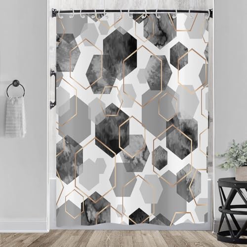 Rideau de douche gris 180x200 moderne géométrique hexagone