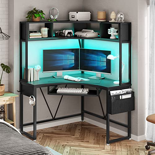 Sedeta Corner Desk, Small Computer Desk With Hutch & Led Lights, Triangle Corner Computer Desk With Keyboard Tray, Storage Bag, And Headphone Hook For Small Space, Small Office Desk, Black #TOP7