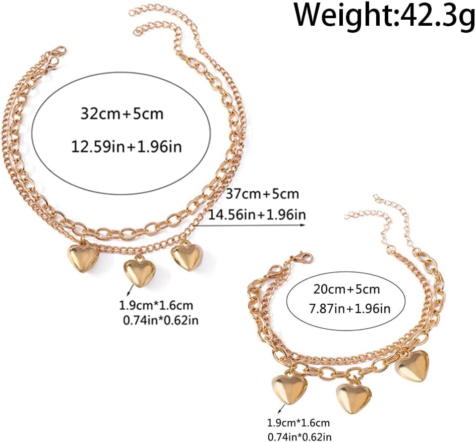 GIGB PBDK Layered Gold Puffy Heart Chain Necklaces Bracelets Set for Women,Vintage Stacked Love Charm Pendant Necklace,Dainty Birthday Jewelry Accessories Gifts - Image 3