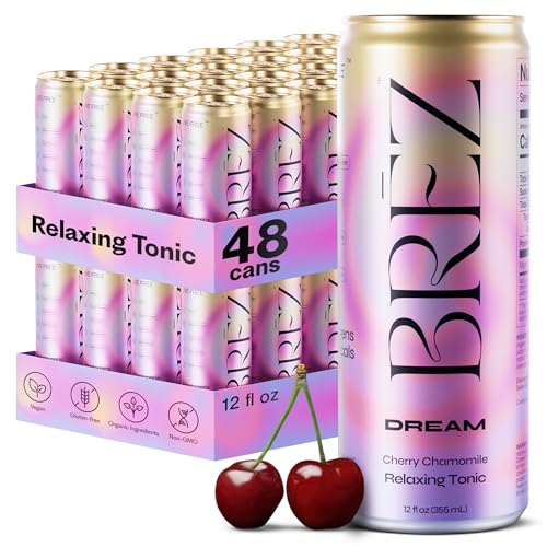 BRĒZ Dream Reishi Mushroom Drink, Non-Infused Relaxing Tonic with Reishi, Chamomile, Tart Cherry, Magnesium & L-Theanine, Vegan Adaptogen Drink for Sleep, Calm & Mood, 12 fl oz - 48 Pack