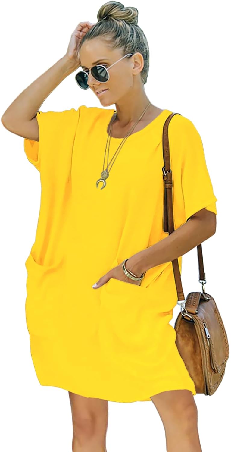 Women’s casual summer t shirt dress loose short sleeve with pocket.