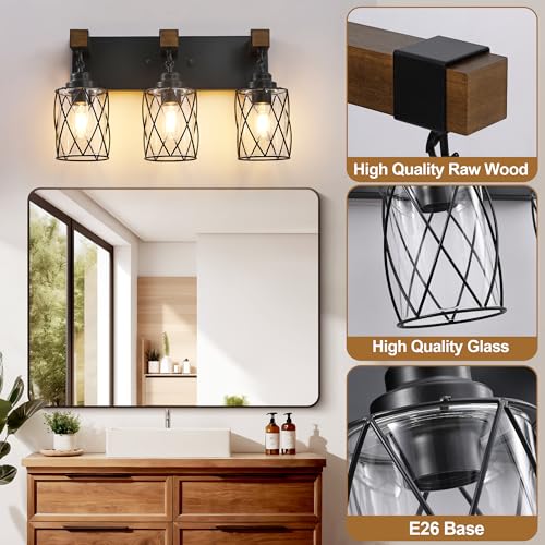 Image of Farmhouse Bathroom Light Fixtures, 3 Light Bathroom Vanity Light with Metal and Glass Lampshade, Wood Rustic Lighting Fixtures Over Mirror, Black Wall Sconces for Living Room, Bedroom