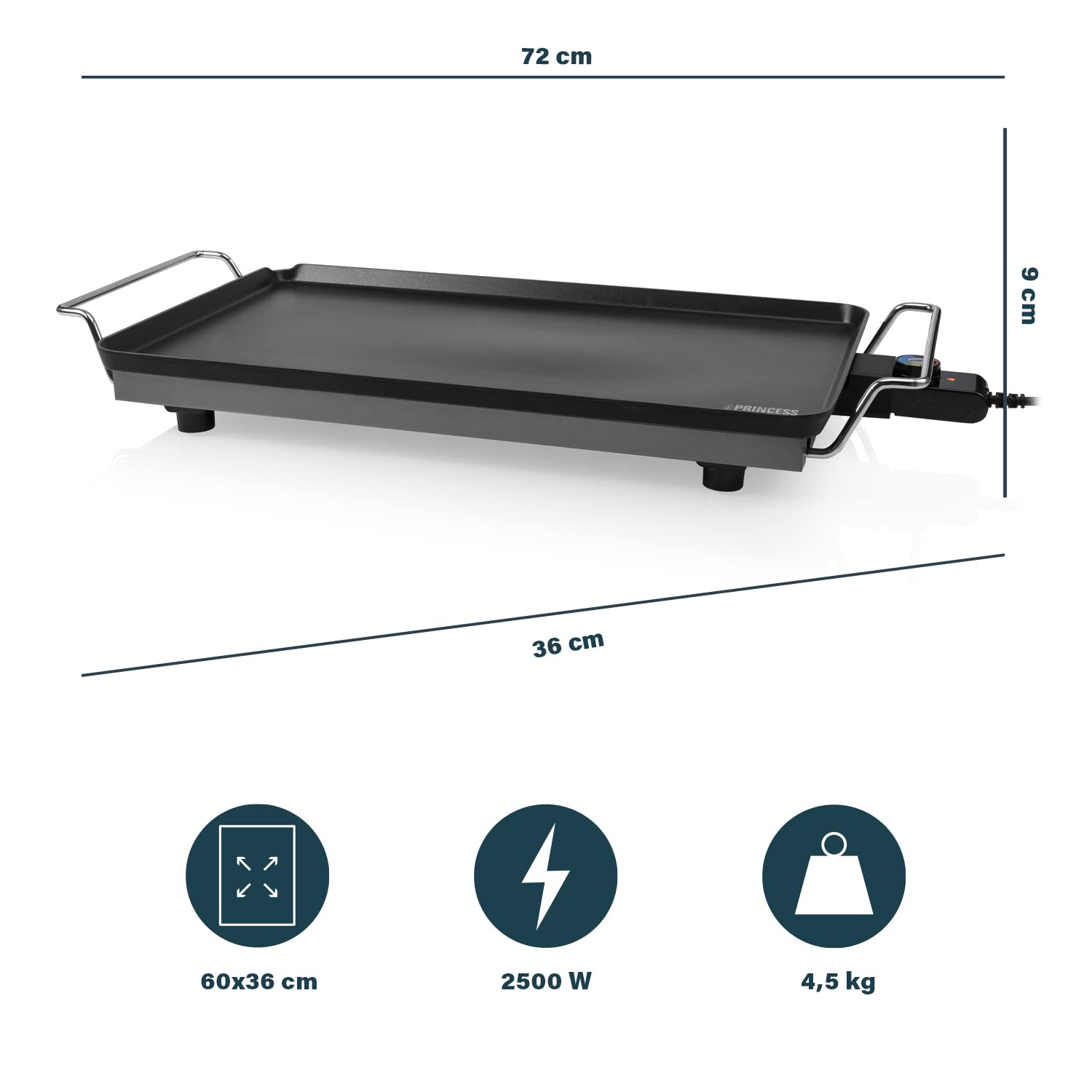Princess Grill de Table XXL 60 x 36 cm, 2500 W – Surface de cuisson extra large antiadhésive, chauffe rapide, plaque électrique facile à nettoyer, idéale pour repas en famille et fêtes