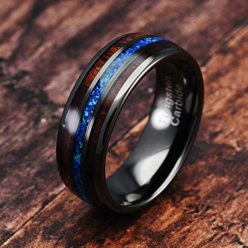 100S Jewelry Gunmetal Tungsten Ring For Men Koa Wood Blue Opal Inlaid Wedding Band Promise Size 6-16 (Custom Text Engraving, 8) #TOP1