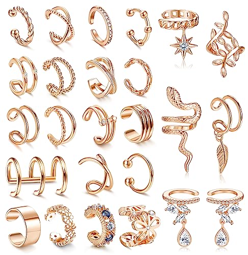 JeryWe 25 Pcs Gold Ear Cuffs for Women Non Piercing Adjustable Ear Cuff Fake Piercings Clip On Upper Ear Cartilage Earrings Helix Wrap Ear Cuff Jewelry Set Rose Gold