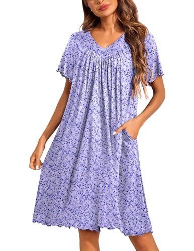 Image of Ekouaer Nightgowns for Women Short Sleeve House Dress with Pockets Pleated Soft Moomoo V Neck Sleepwear
