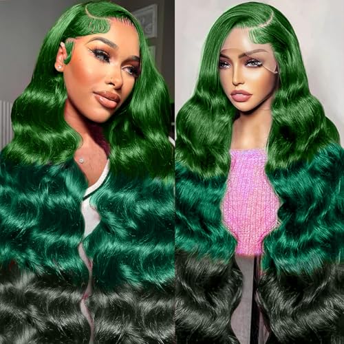 Colorful Bird Ombre Green HD Lace Front Wigs Human Hair Body Wave 26 Inch