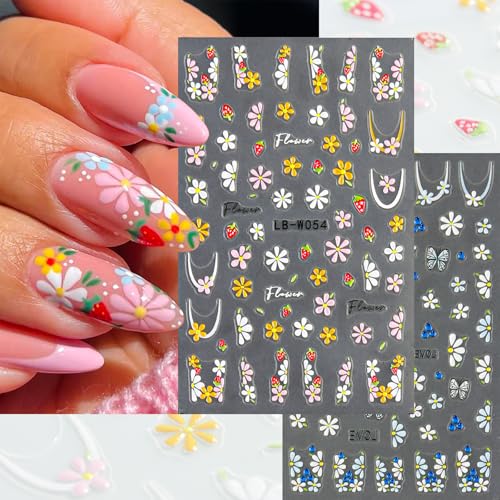 5D Embossed Flower Nail Stickers 2 Sheets Self Adhesive French Floral Nail Art Accessories Pack Colorful Flowers for Nail Decoration